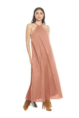 Long ADARA dress in cotton with American neckline and elasticated back opening