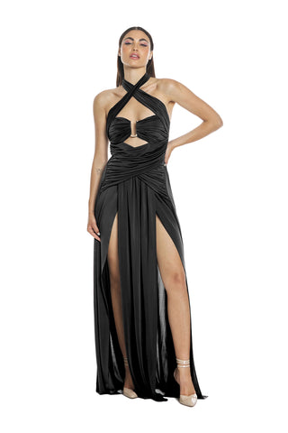 Long ADHAFERA dress with neck tie plus ring plus crossover curls plus openings