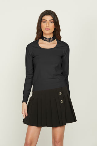 AMORE long sleeve neck sweater with strap and jewel buckle