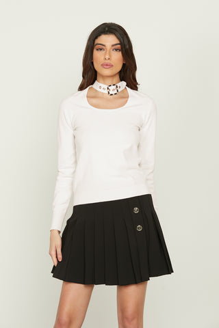 AMORE long sleeve neck sweater with strap and jewel buckle