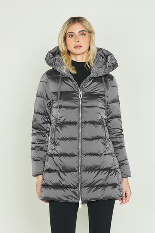 Piumino ARCTURUS lungo manica lunga con cappuccio più coulisse più zip più tasche raso