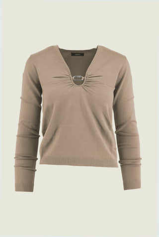 CASSANDRABIL long-sleeved v-neck sweater with curls and rhinestone application