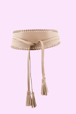 Asymmetric RANDY belt with woven edges plus laces with eco-leather pendants