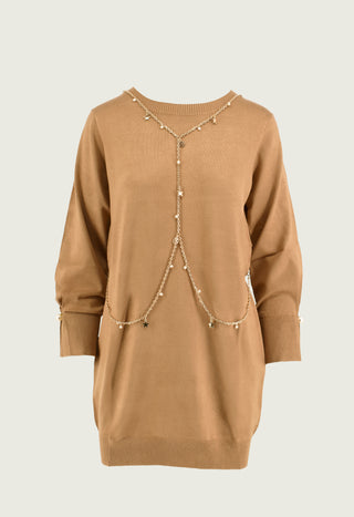 CIRCE short long-sleeved dress with pearl appliqué and chain with pendants