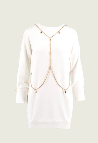 CIRCE short long-sleeved dress with pearl appliqué and chain with pendants