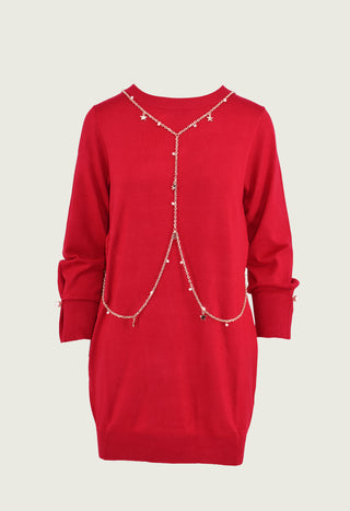 CIRCE short long-sleeved dress with pearl appliqué and chain with pendants