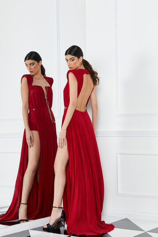 Abito DEVI lungo ap.dietro più catena anelli pendenti più tulle plisse' lurex