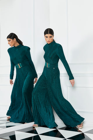 Jumpsuit MUSTAGH manica lunga colletto con arric. Più cintura ap.dietro plisse' lurex