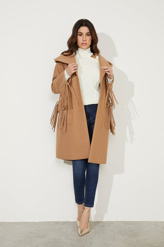 Cappotto WOWI manica lunga con cappuccio più tasche toppa più frange più bottone snap