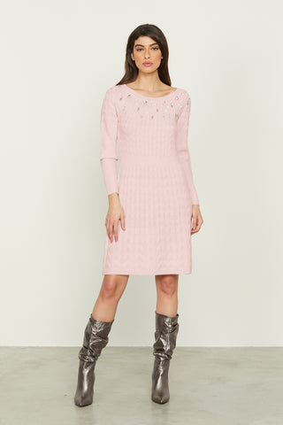 Abito ESTIA corto manica lunga lavorazione trecce più perle più cabochon