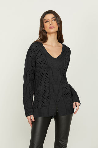 INFERI long-sleeved v-neck sweater with braids and mesh plus slit
