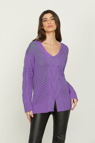 INFERI long-sleeved v-neck sweater with braids and mesh plus slit