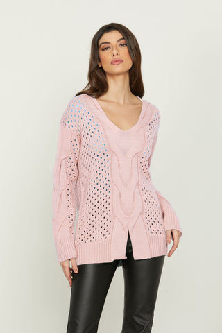 INFERI long-sleeved v-neck sweater with braids and mesh plus slit