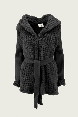 Pelliccia cardigan NADIA eco manica lunga con cappuccio più cintura più inserti maglia