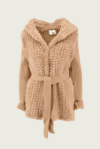 Pelliccia cardigan NADIA eco manica lunga con cappuccio più cintura più inserti maglia