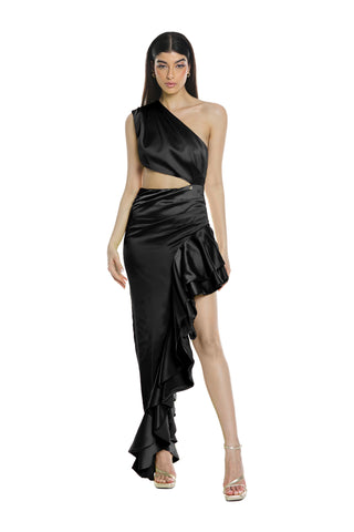 PALLASITE long one-shoulder cut-out dress with ruffles and side slit. more ruffles