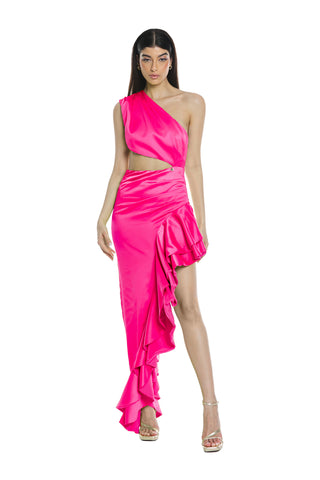 PALLASITE long one-shoulder cut-out dress with ruffles and side slit. more ruffles