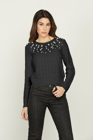 PROSPERPINA long-sleeved braided sweater with pearls and cabochons