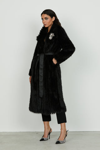 Ecopelliccia GHENTY manica lunga lunga più cintura più spille ecopelle