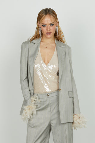 Giacca BREDA manica lunga con piume 1 bottone più patte gessato lurex