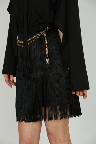 Abito ELGUAG corto scollo a v manica lunga con ap. Più fusciacca più gonna frange più cintura