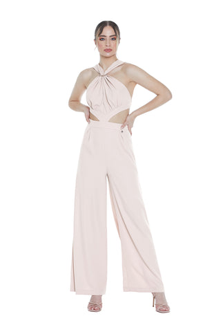 MIHAKO high-waisted palazzo jumpsuit with low-cut top with openings and accessory