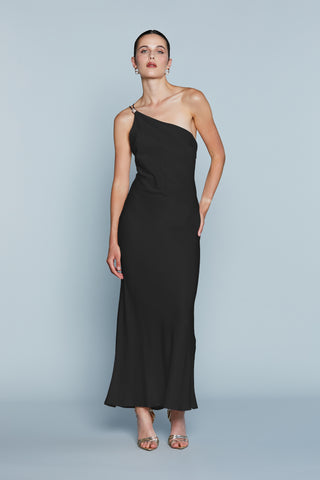 Abito ARACAJA Lungo Monospalla Raso più Access.Strass più Stringhe Dietro Raso