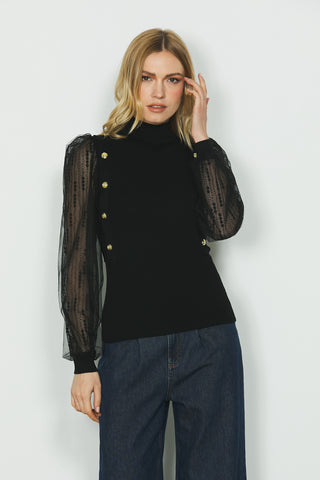 Maglia DEMI manica lunga rete più pizzo collo vulcano con dettaglio bottoni costina