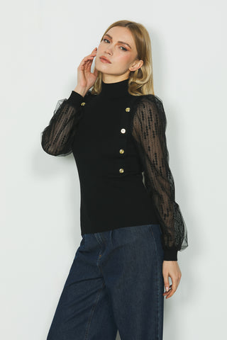 Maglia DEMI manica lunga rete più pizzo collo vulcano con dettaglio bottoni costina