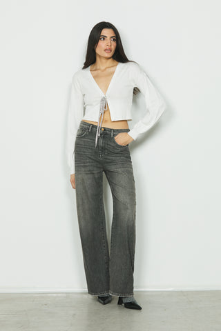 Jeans ELLELONG_30 vita media 5 ts con rotture straight fit in black denim