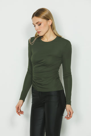 Blusa ELLEN manica lunga con catena spalla più pieghe fianco