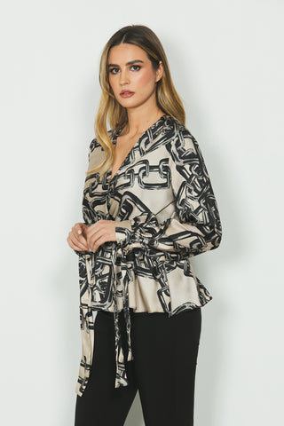 Blusa CATIA manica lunga con fusciacca scollo a incrocio con elastico fantasia catene