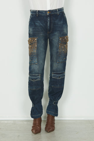 Jeans PATTY_20 vita media con tasconi più patte più snap più pietre cargo fit in blue denim