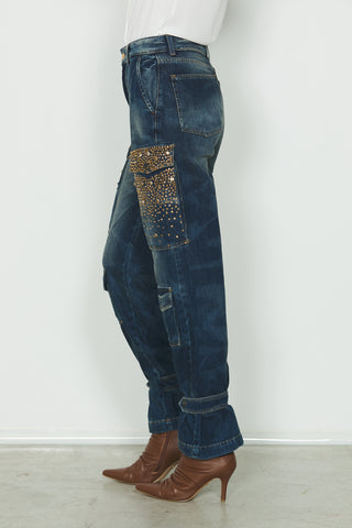 Jeans PATTY_20 vita media con tasconi più patte più snap più pietre cargo fit in blue denim