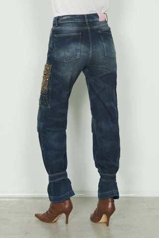 Jeans PATTY_20 vita media con tasconi più patte più snap più pietre cargo fit in blue denim