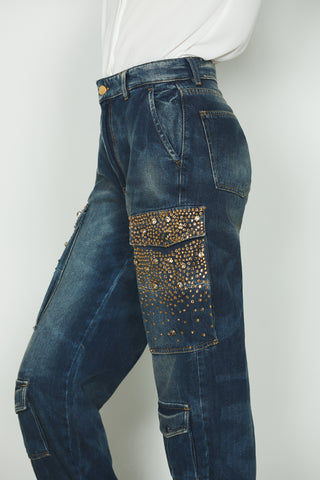 Jeans PATTY_20 vita media con tasconi più patte più snap più pietre cargo fit in blue denim