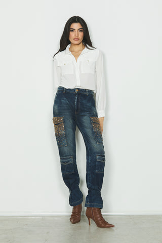 Jeans PATTY_20 vita media con tasconi più patte più snap più pietre cargo fit in blue denim