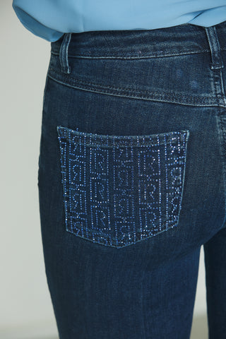 Jeans SCHIFFER_23 vita media 5ts con strass retro flaire fit in blue denim