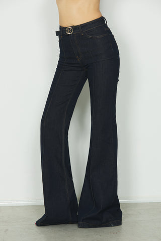 Jeans TRACY vita alta 5 ts con impunture più cintura con fibbia logo in blue denim