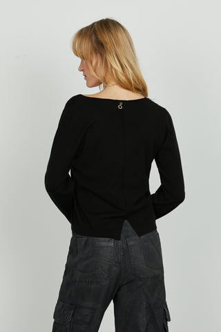 Maglia LEVITA manica lunga scollo v con applicazione perline più strass