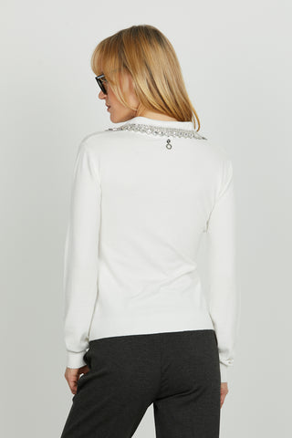 Maglia NIHOA manica lunga scollo v con colletto più applicazione strass