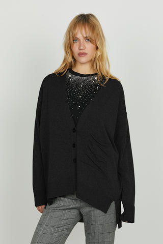 Cardigan SALAMINA manica lunga scollo v con bottoni più tasca più spacchi fondo asimmetrico