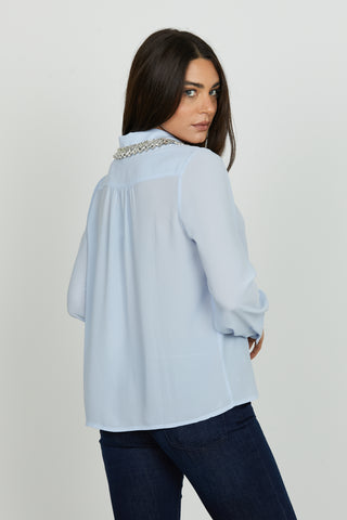 Blusa MARBEL manica lunga scollo v con colletto più pietre più strass