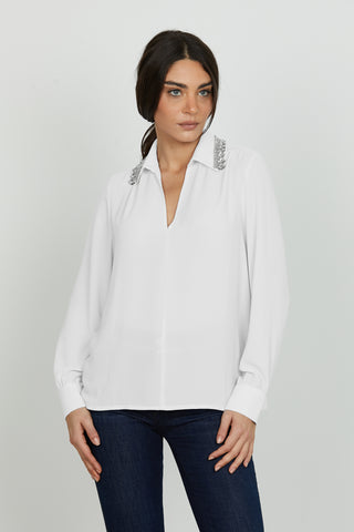Blusa MARBEL manica lunga scollo v con colletto più pietre più strass