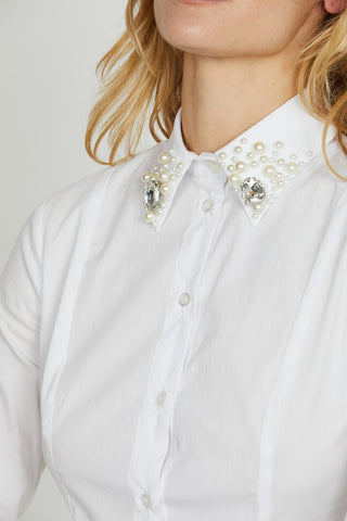 Camicia YOH manica lunga collo con applicazione perle più pietre strass