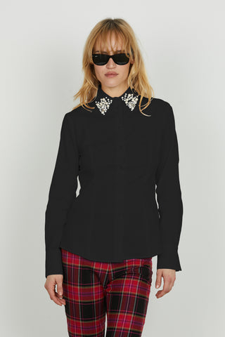 Camicia YOH manica lunga collo con applicazione perle più pietre strass