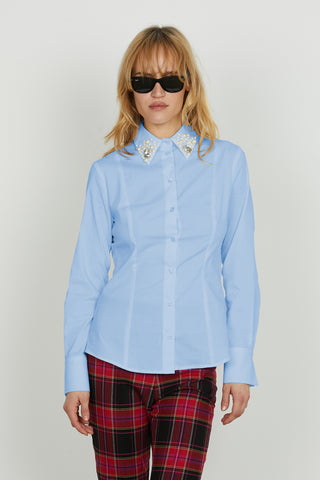 Camicia YOH manica lunga collo con applicazione perle più pietre strass