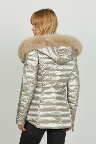 Piumino PYLEM manica lunga con ts più zip trasv. Con capp. Più ecopelle staccabile effetto satin