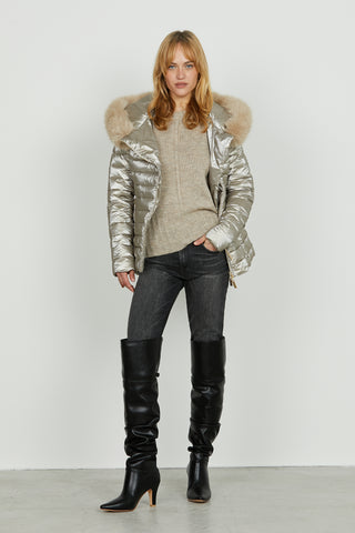 Piumino PYLEM manica lunga con ts più zip trasv. Con capp. Più ecopelle staccabile effetto satin