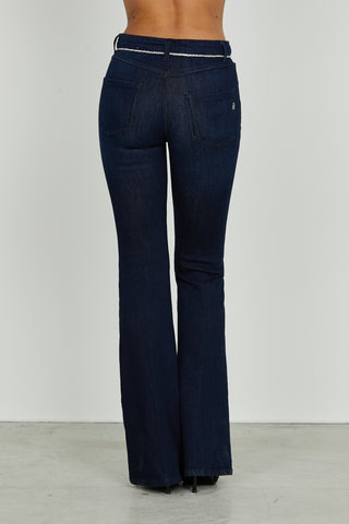 Panta SCHIFFER_29 vita media 5 ts con piping strass flaire fit denim blue